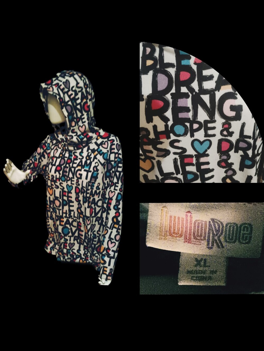 Now $5.  LuLaRoe White Hoodie with Multicolor Word Print